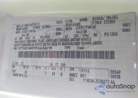 2007 Ford E-150 Commercial/Recreational z USA, uszkodzony, nr VIN 1FTNE14W17DA34219